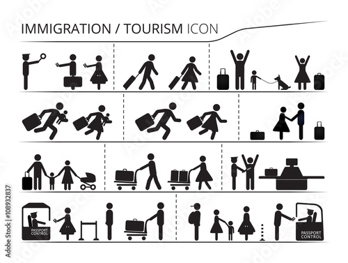 The set of icons on the theme of immigration and tourism. Illustration created with black white colors. Emigrant / Refugee series
