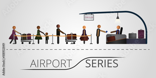The people stand in a queue for the flight registration desk. Illustration includes icon of people and registration desk construction. Airport series