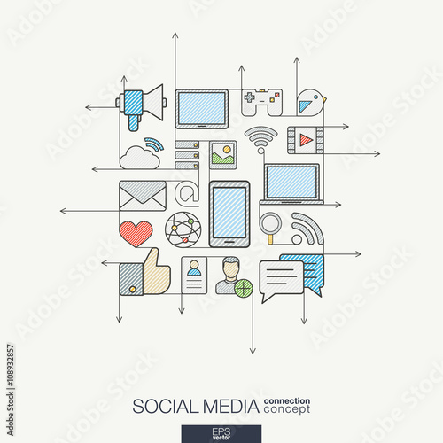 Social media integrated thin line symbols. Modern color style vector concept, with connected flat design icons. Illustration for digital network, internet, communicate, technology, global concepts.