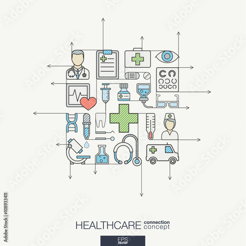 Modern color vector concept, with connected flat design icons. Abstract illustration for medical, health, care, medicine, network and global concepts.