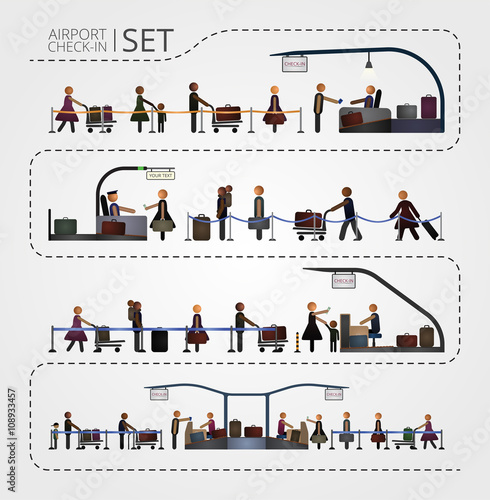 The set of airport check and registration desk. People stand in a queue for the flight check-in. Airport series