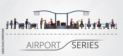 The people stand in a queue for the flight registration desk. Illustration includes icon of people and check-in desk contruction. Airport series