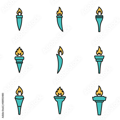 Trendy flat line icon pack for designers and developers. Vector line torch icon set, torch icon object, torch icon picture, torch image - stock vector