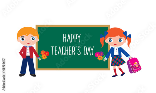 Happy Teachers' Day. Schoolchildren with schoolbags and flowers. Back to school. Elements for your design. Vector illustration.