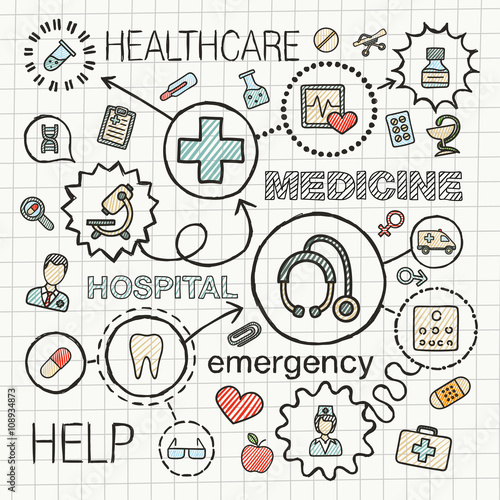 Medical hand draw integrated icons set. Vector sketch infographic illustration with line connected doodle hatch pictograms on paper, healthcare, doctor, medicine, science, emergency, pharmacy concepts