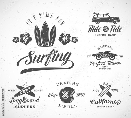 Vector Retro Style Surfing Labels, Logo Templates or T-shirt Graphic Design Featuring Surfboards, Surf Woodie Car, Motorcycle Silhouette, Helmet and Flowers. Good for Posters, Cards, etc. With Shabby photo