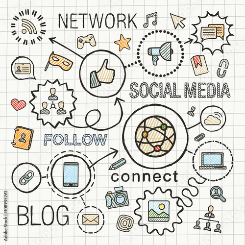 Social media hand draw integrated icons set. Vector sketch infographic illustration. Line connected doodle hatch pictograms on paper, marketing, network, share, technology, community, profile concepts
