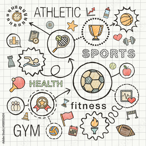 Sport hand draw integrated icons set. Vector sketch infographic illustration with line connected doodle hatch pictogram on school paper, competition, ball, play, soccer, tennis, cup sign, game concept