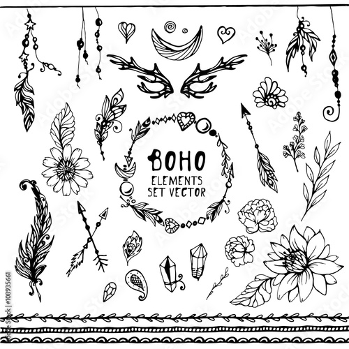 Set of Boho Style Frames and hand drawn elements