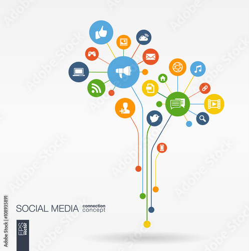 Abstract social media background with lines, connected circles, integrated flat icons. Growth flower concept with network, computer, technology, speech bubble icon. Vector interactive illustration