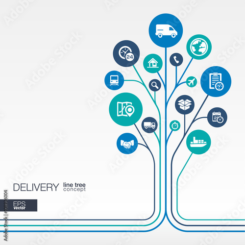 Abstract Delivery background - connected circles, integrated flat icons. Growth tree idea with logistic, service, shipping, distribution, transport, market concepts. Vector interactive illustration