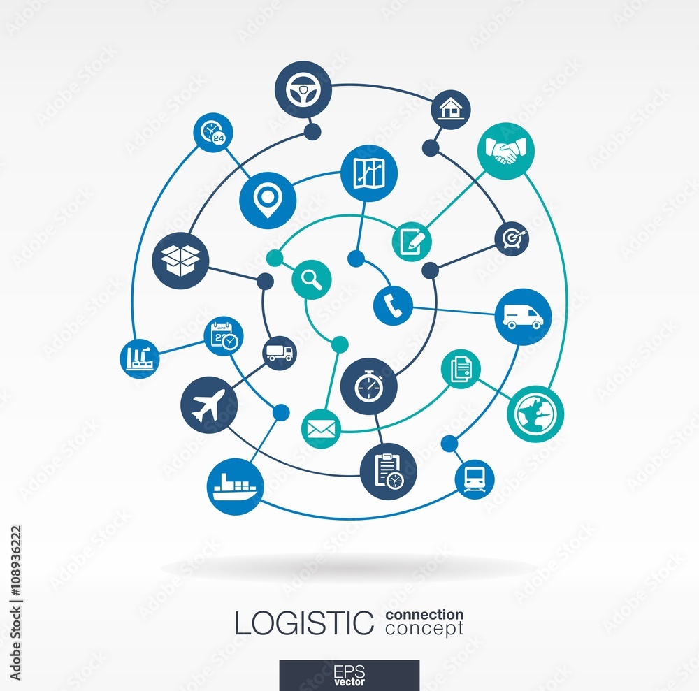 Logistic connection concept. Abstract background with integrated circles and icons for delivery, service, shipping, distribution, transport, communicate concepts. Vector interactive illustration Logistic connection concept. Abstract background with integrated circles and icons for delivery, service, shipping, distribution, transport, communicate concepts. Vector interactive illustration