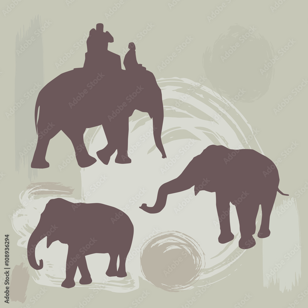 Fototapeta premium elephants silhouette on grunge background. vector