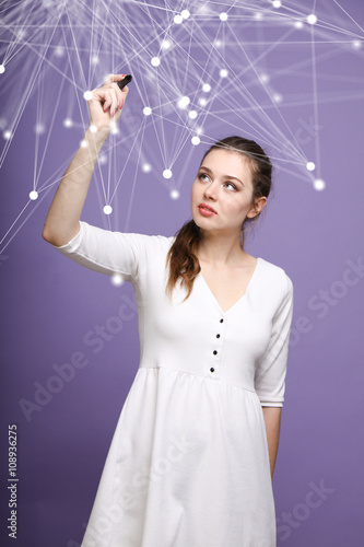 Global network connection concept, woman working with futuristic computer interface.