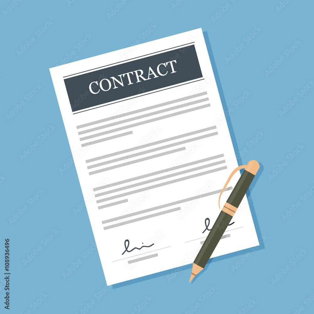 Signed contract with pen vector illustration. Layered EPS10 file. Flat design style. Signed contract with pen vector illustration. Layered EPS10 file. Flat design style.