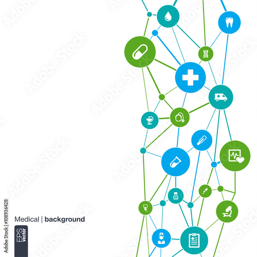 Abstract medicine background with lines, circles and flat icons. Infographic concept with medical, health, healthcare, nurse, DNA, thermometer, pills and cross icons. Vector illustration.