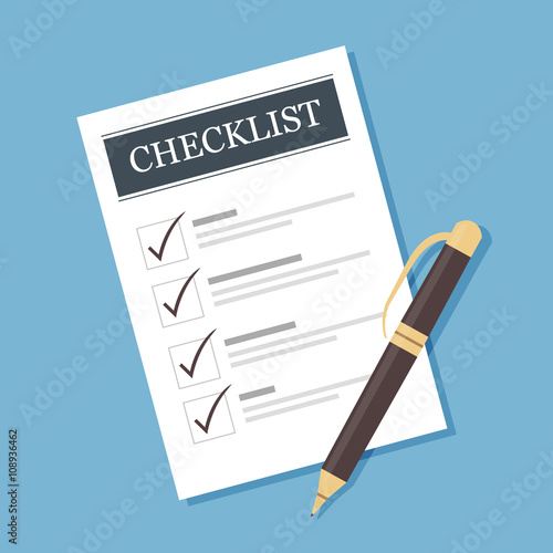 Printed document with checklist an pencil vector illustration. Layered EPS10 file.