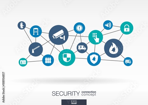 Security network. Growth abstract background with lines, circles, integrate flat icons. Connected symbols for guard, protection, monitoring, safety or control concepts. Vector interactive illustration
