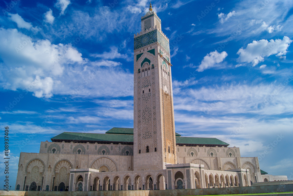 Casablanca Morocco mosque Hassan II. / Largest mosque in Morocco with tallest minaret, touristic and religious attraction, Casablanca Africa.
