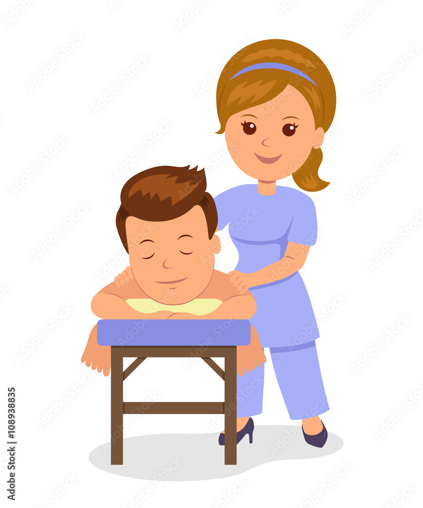 Man getting relaxing massage in spa. Masseuse makes wellness massage. Isolated vector illustration in the flat style Man getting relaxing massage in spa. Masseuse makes wellness massage. Isolated vector illustration in the flat style