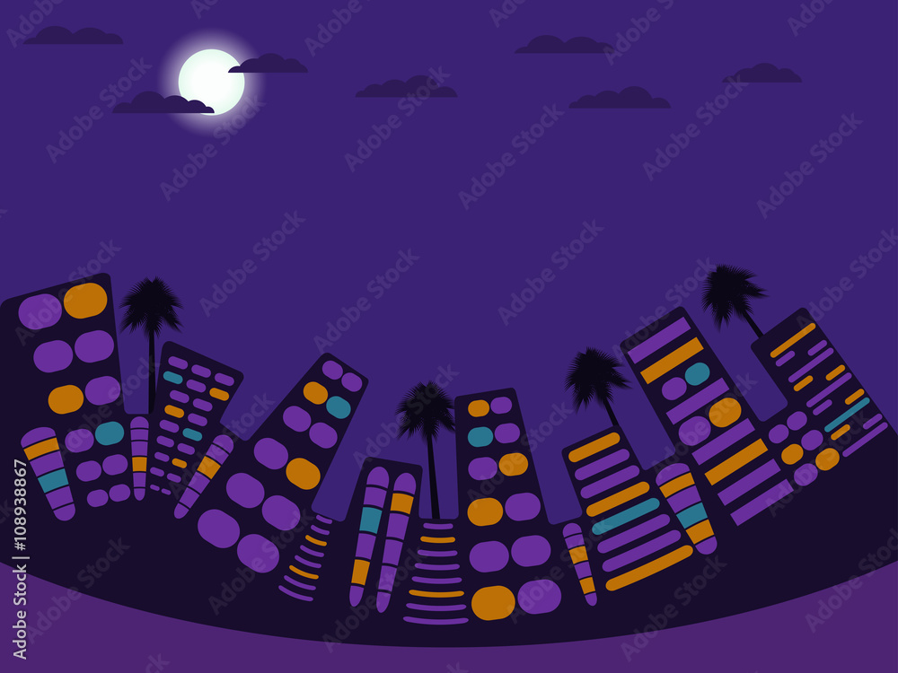 Obraz premium Night city landscape. Moon and cloud. Vector illustration.