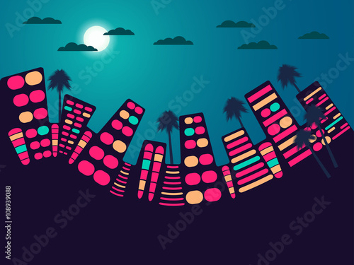 Night city landscape. Moon and cloud. Vector illustration.