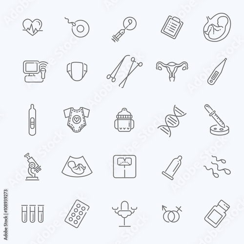 Pregnancy, gynecology, childbirth and motherhood line icons set