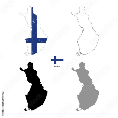 Finland country black silhouette and with flag on background