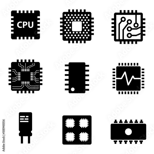 Vector black CPU microprocessor and chips icons set. Electronic chip icons on white background photo