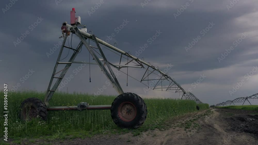 Sprinkler irrigation system in oilseed rape field on cloudy day Sprinkler irrigation system in oilseed rape field on cloudy day