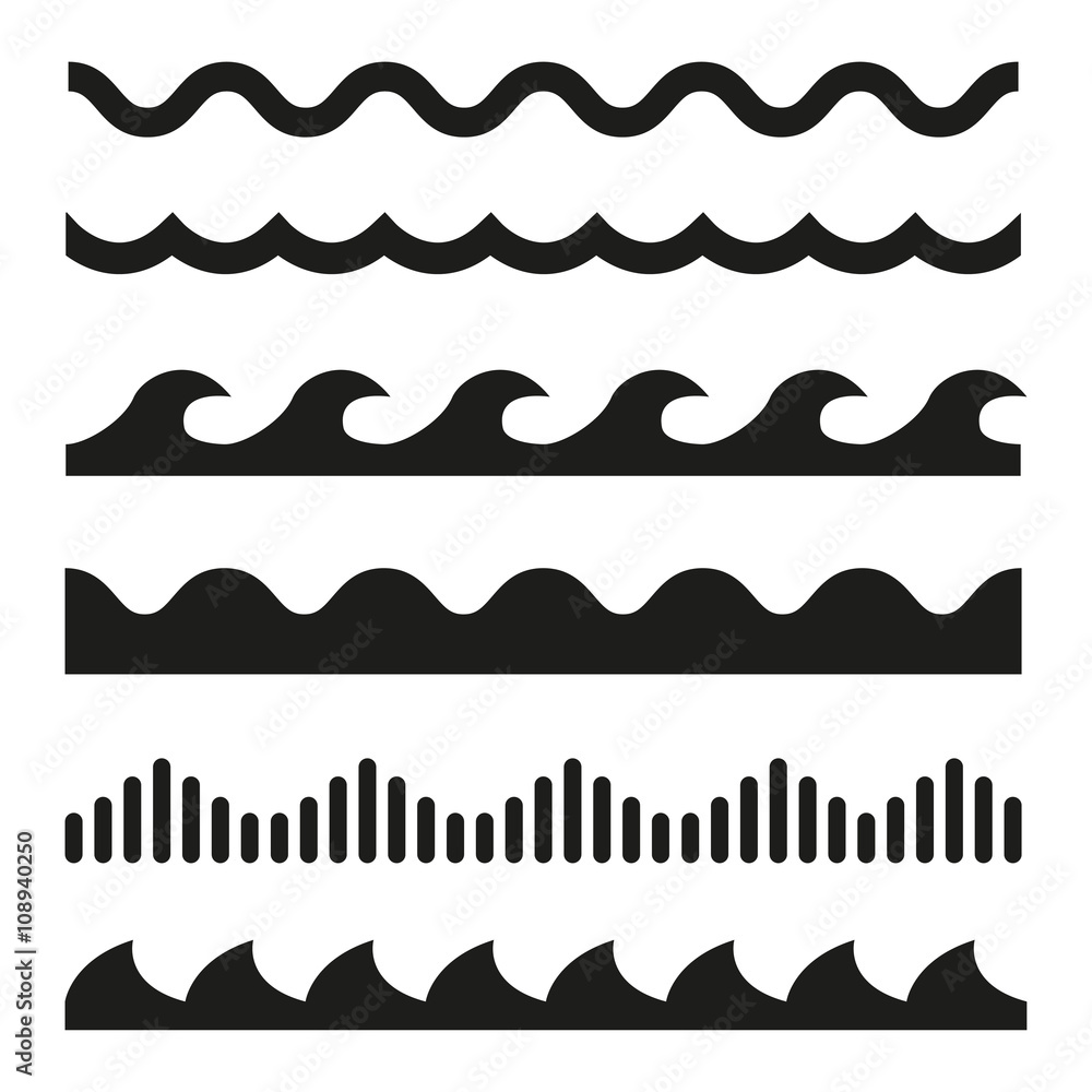 Vector black wave icons set on white background. Water waves Stock