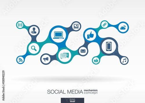 Social media. Growth abstract background with integrated metaballs, integrated icon for digital, internet, network, connect, communicate, technology, global concepts. Vector interactive illustration
