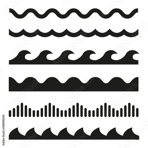 Vector black wave icons set on white background. Water waves