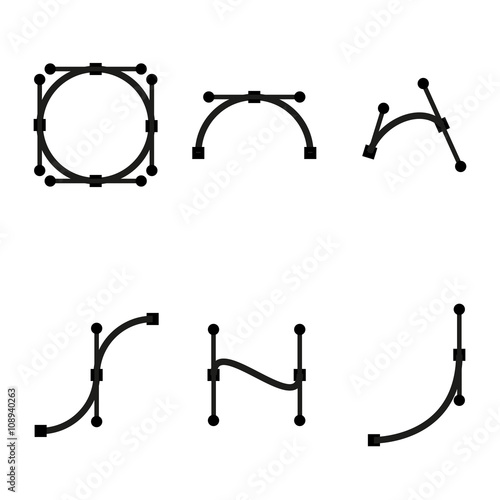 Vector black bezier curve icons set on white background