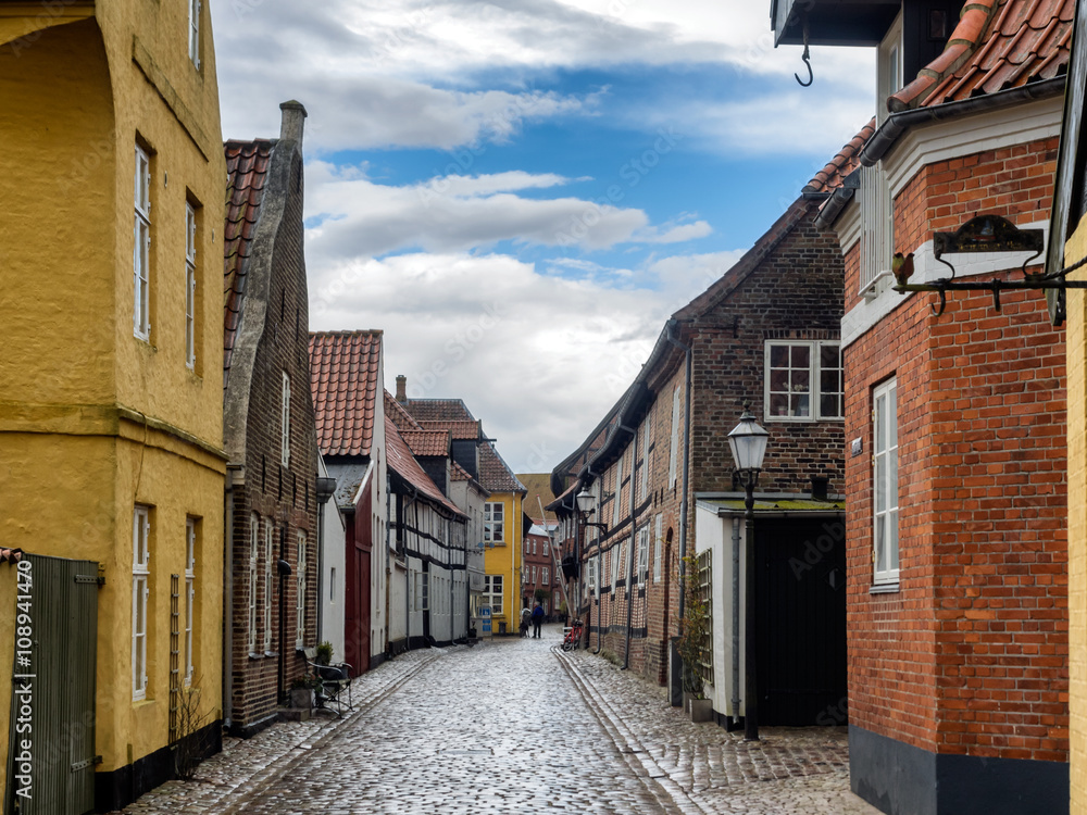 Homes on cobbled streets in Ribe, Denmark