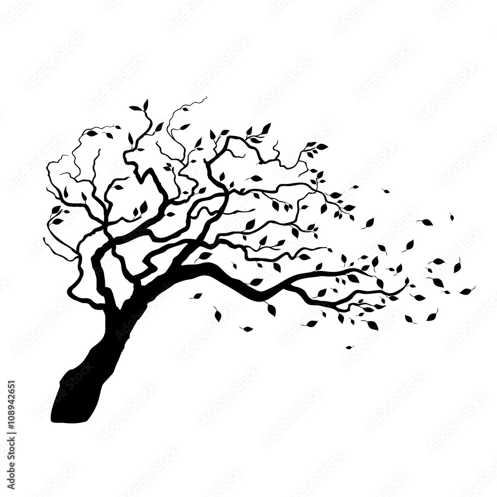 Tree in wind with flying leaves