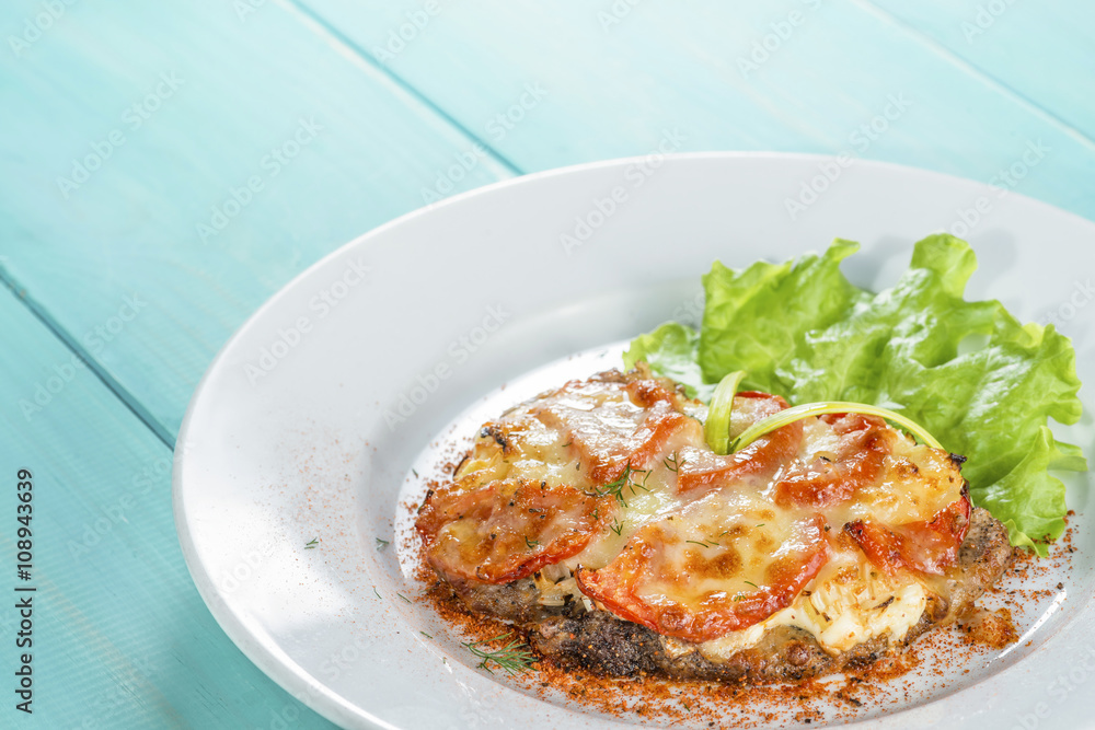 mocup, beef, baked with cheese with tomato serving salad mocup, beef, baked with cheese with tomato serving salad