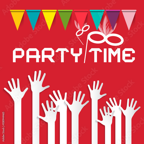 Party Time Vector Illustration with Flags and Risen Hands on Red Background