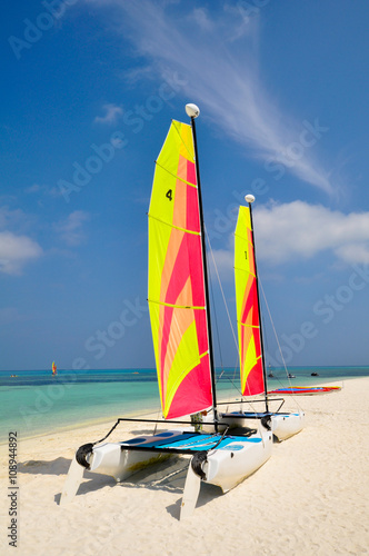 Colorful Sailing boat on the Tropical Beach at Maldives.