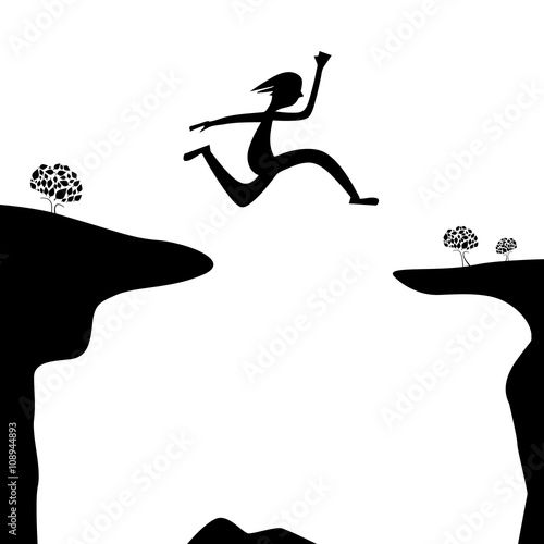 Jump Over Abyss - Jumping Man or Woman Silhouette on White Background