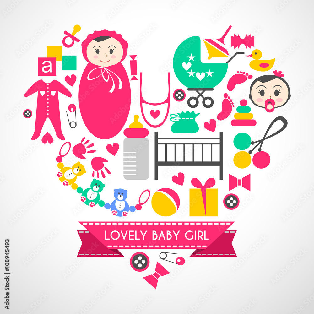 Newborn baby girl icons set