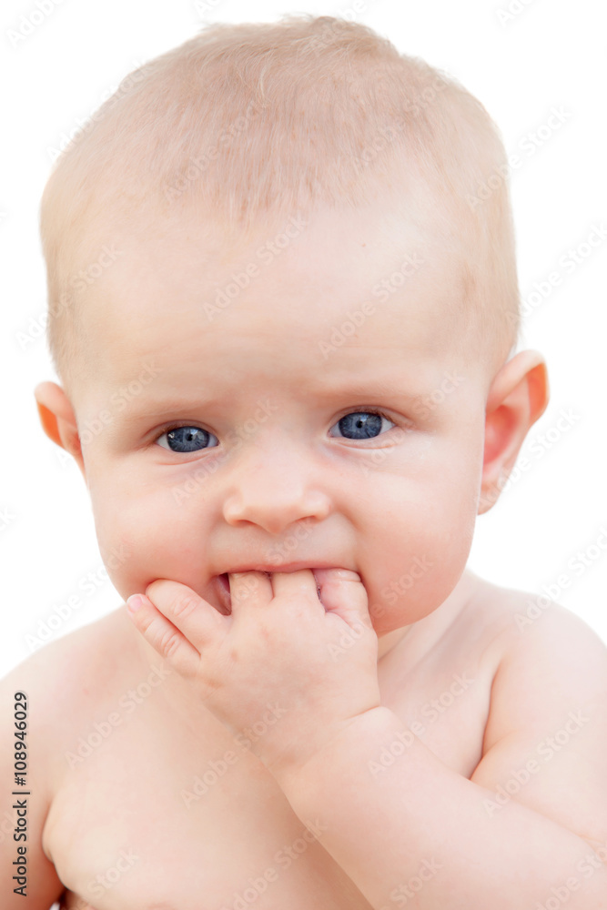 Little baby six month with blue eyes and blond hair