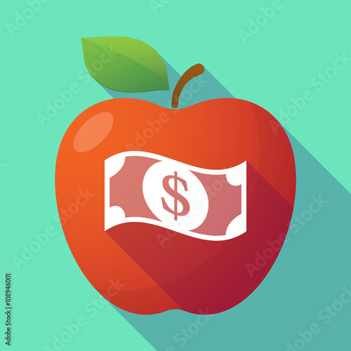 Long shadow red apple with a dollar bank note