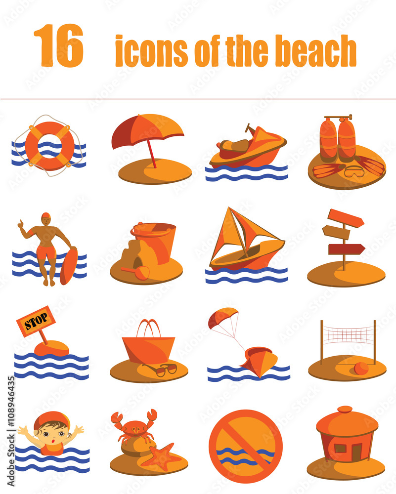 set 16 bright beach icons on white background