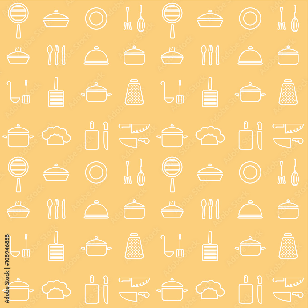 Seamless line kitchen icons yellow cookware background