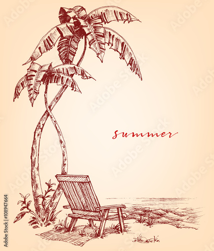 Summer sketch. Palm trees and sunbed on the beach
