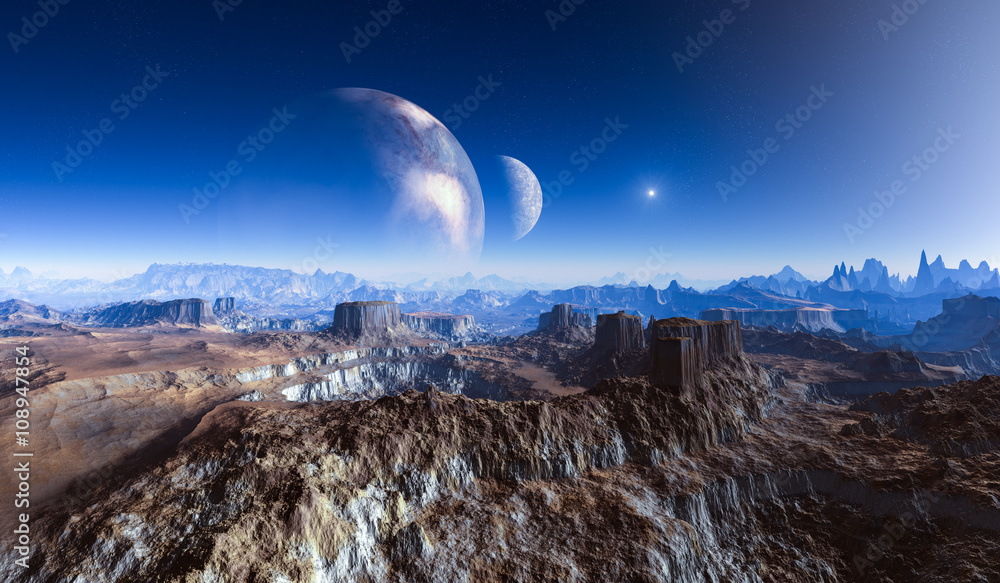 Fototapeta premium double moon above Crater Landscape on alien Planet.