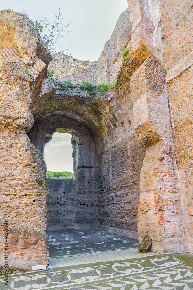 Scenic view on old Undressing rooms( or Apodyterium ) in the ruins of ancient Roman Baths of Caracalla ( Thermae Antoninianae ) at summer sunny day.Built between AD 212 and 217. Rome. Italy. Europe.
