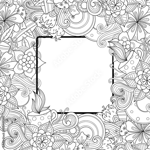 Floral hand drawn zentangle frame. Doodle flowers and leaves decorative border.