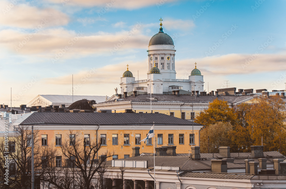 View of Cathedral St Nicholas Church over roofs from viewpoint of Katajanokka, Helsinki, Finland